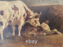 Tableau ancien, A Gaveaux-Meron XIXème, Vache et son veau