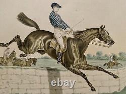 Tableau ancien Albert ADAM XIX gravure couleur chevaux équitation courses