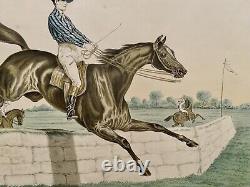 Tableau ancien Albert ADAM XIX gravure couleur chevaux équitation courses