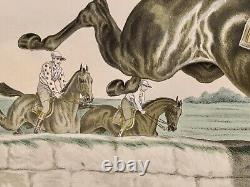 Tableau ancien Albert ADAM XIX gravure couleur chevaux équitation courses