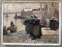 Tableau ancien Alfred MARZIN marine Bretagne peinture paysage animé breton huile