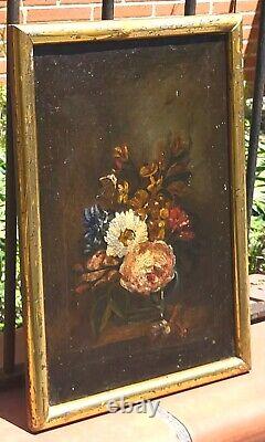 Tableau ancien Bouquet de Fleurs Pêches Peinture huile sur toile Style XlX °