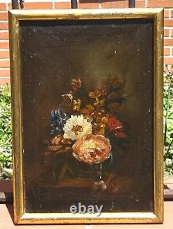 Tableau ancien Bouquet de Fleurs Pêches Peinture huile sur toile Style XlX °