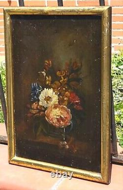 Tableau ancien Bouquet de Fleurs Pêches Peinture huile sur toile Style XlX °
