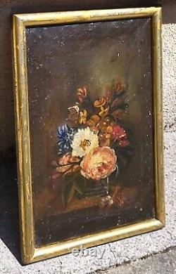 Tableau ancien Bouquet de Fleurs Pêches Peinture huile sur toile Style XlX °