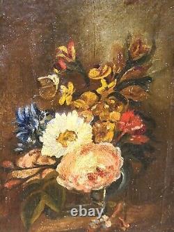 Tableau ancien Bouquet de Fleurs Pêches Peinture huile sur toile Style XlX °