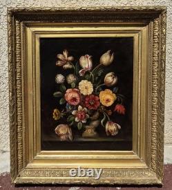 Tableau ancien. Bouquet de Fleurs. Peinture huile sur toile. A Restaurer