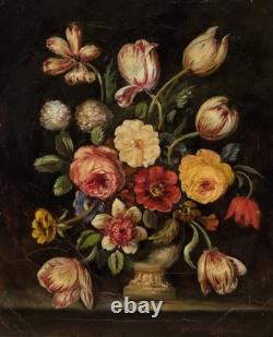 Tableau ancien. Bouquet de Fleurs. Peinture huile sur toile. A Restaurer