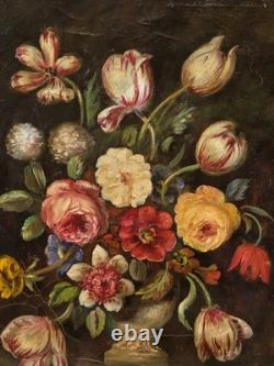 Tableau ancien. Bouquet de Fleurs. Peinture huile sur toile. A Restaurer