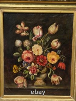 Tableau ancien. Bouquet de Fleurs. Peinture huile sur toile. A Restaurer