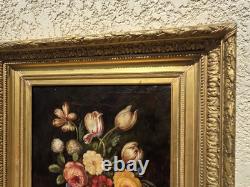 Tableau ancien. Bouquet de Fleurs. Peinture huile sur toile. A Restaurer