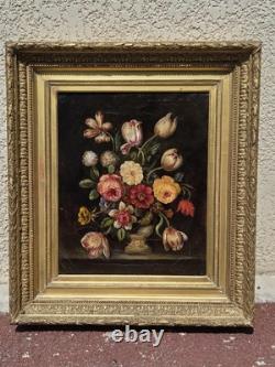 Tableau ancien. Bouquet de Fleurs. Peinture huile sur toile. A Restaurer