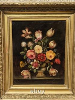 Tableau ancien. Bouquet de Fleurs. Peinture huile sur toile. A Restaurer