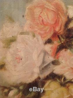 Tableau ancien Bouquet de Roses dans un verre Huile sur toile à restaurer