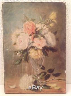 Tableau ancien Bouquet de Roses dans un verre Huile sur toile à restaurer 19thc