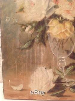 Tableau ancien Bouquet de Roses dans un verre Huile sur toile à restaurer 19thc