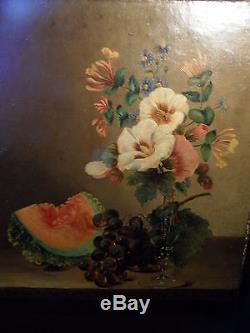 Tableau ancien Bouquet de fleurs et fruits 19 eme Superbe