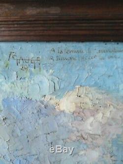 Tableau ancien Bretagne Concarneau paysage marine pins maritimes bateau