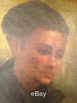 Tableau ancien Classique XIXe Portrait jeune femme pensive Huile sur toile 19e