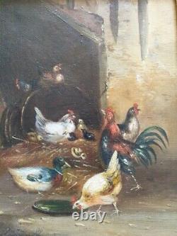 Tableau ancien Claude Guilleminet scène de basse cour poules coq canard poussins