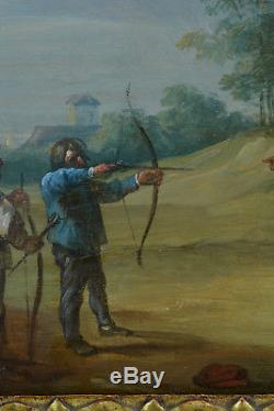 Tableau ancien David Teniers Flamand 17e paysants tirant à l'arc Archery hsb