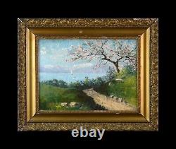 Tableau ancien, École Européenne vers 1930. Cerisier au bord d'un lac