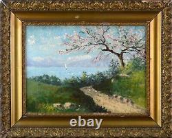 Tableau ancien, École Européenne vers 1930. Cerisier au bord d'un lac