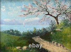 Tableau ancien, École Européenne vers 1930. Cerisier au bord d'un lac