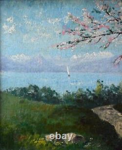 Tableau ancien, École Européenne vers 1930. Cerisier au bord d'un lac