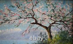 Tableau ancien, École Européenne vers 1930. Cerisier au bord d'un lac