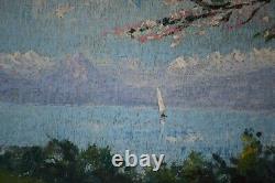 Tableau ancien, École Européenne vers 1930. Cerisier au bord d'un lac