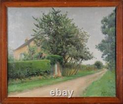 Tableau ancien, École Française 1932. Paysage, bord de route