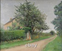 Tableau ancien, École Française 1932. Paysage, bord de route