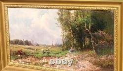 Tableau ancien. École Française. Paysage Animé Peinture huile sur toile