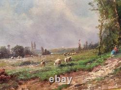 Tableau ancien. École Française. Paysage Animé Peinture huile sur toile