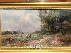 Tableau ancien. École Française. Paysage Animé Peinture huile sur toile