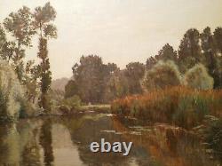 Tableau ancien Edouard A. RAGU peinture paysage campagne lac étang bord rivière