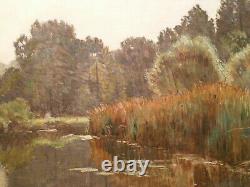 Tableau ancien Edouard A. RAGU peinture paysage campagne lac étang bord rivière