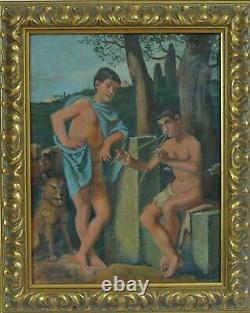 Tableau ancien Enfant Garçon joueur d'Aulos Flûte Paysage Grèce Antique Rome Pan
