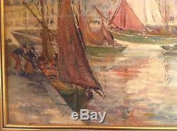 Tableau ancien Goût Paul Signac Impressionniste Marine Bateaux Port Huile signée