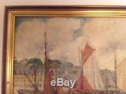 Tableau ancien Goût Paul Signac Impressionniste Marine Bateaux Port Huile signée