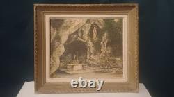 Tableau ancien Grotte de Lourdes Huile signée SÈNE (XXe)Tableau ancien