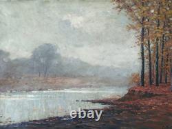 Tableau ancien, HSC, Matin brumeux, Bord d'étang, signé à identifier, 1920-30