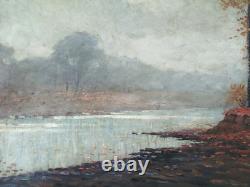 Tableau ancien, HSC, Matin brumeux, Bord d'étang, signé à identifier, 1920-30