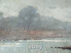 Tableau ancien, HSC, Matin brumeux, Bord d'étang, signé à identifier, 1920-30