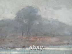 Tableau ancien, HSC, Matin brumeux, Bord d'étang, signé à identifier, 1920-30