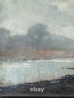 Tableau ancien, HSC, Matin brumeux, Bord d'étang, signé à identifier, 1920-30