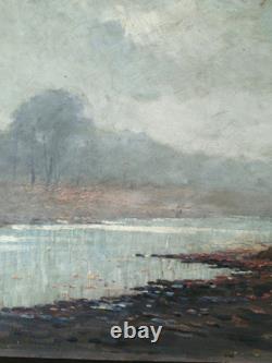 Tableau ancien, HSC, Matin brumeux, Bord d'étang, signé à identifier, 1920-30