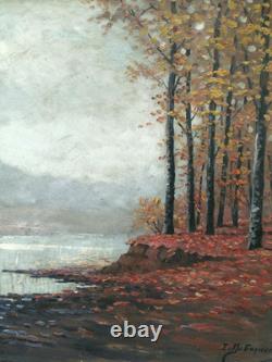 Tableau ancien, HSC, Matin brumeux, Bord d'étang, signé à identifier, 1920-30