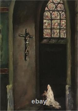 Tableau ancien HSP Intérieur Eglise école Française début XXe siècle